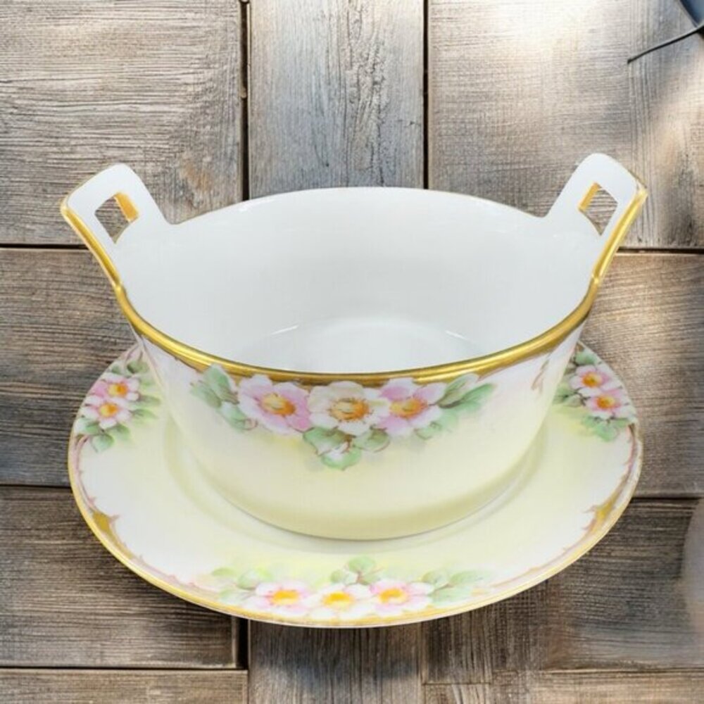 Antique‎ T & V Limoges Butter Tub Hand Painted Porcelain Dish With Under Plate
